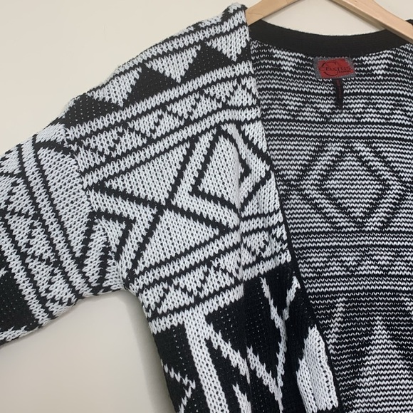Celsius Premium | Black White Knit Open Front Aztec Pocket Cardigan Sweater L - Picture 9 of 17